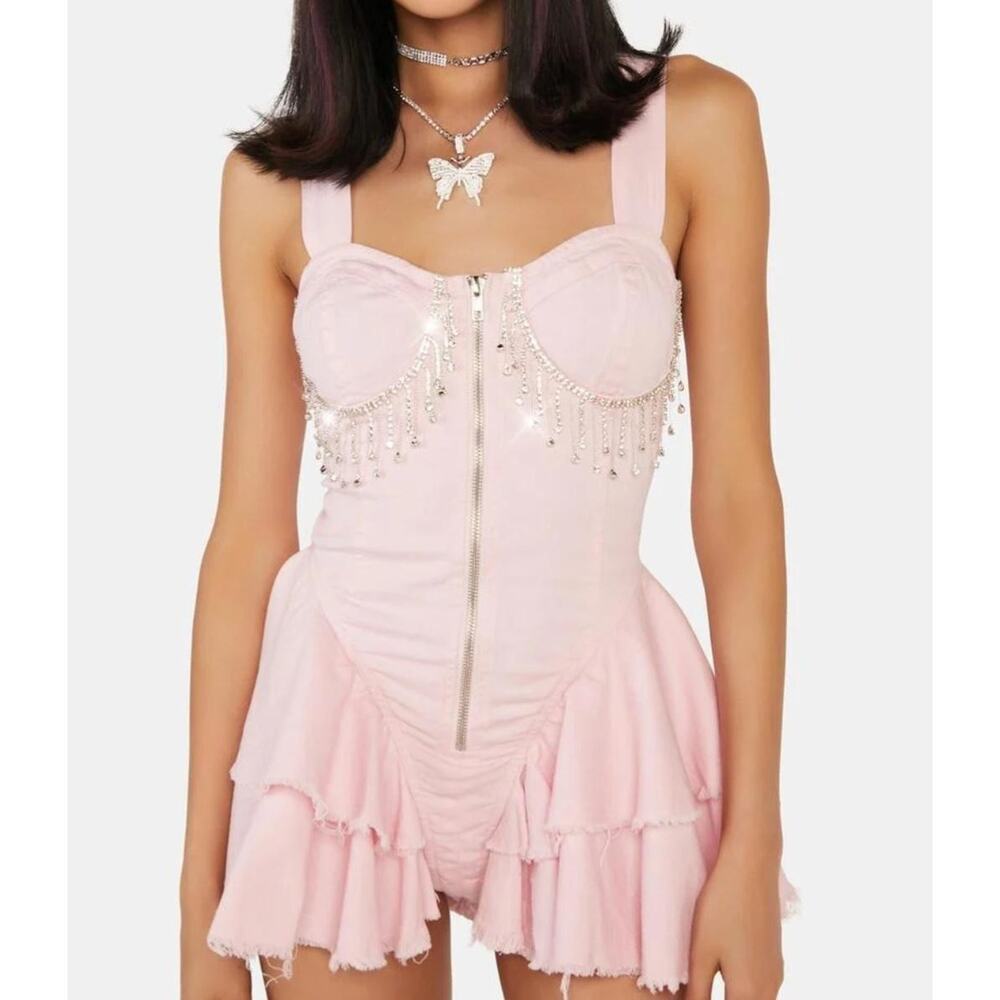 Dolls Kill Pink Rhinestone Fringe Romper Size Small S Ruffle Zip Front Fairycore